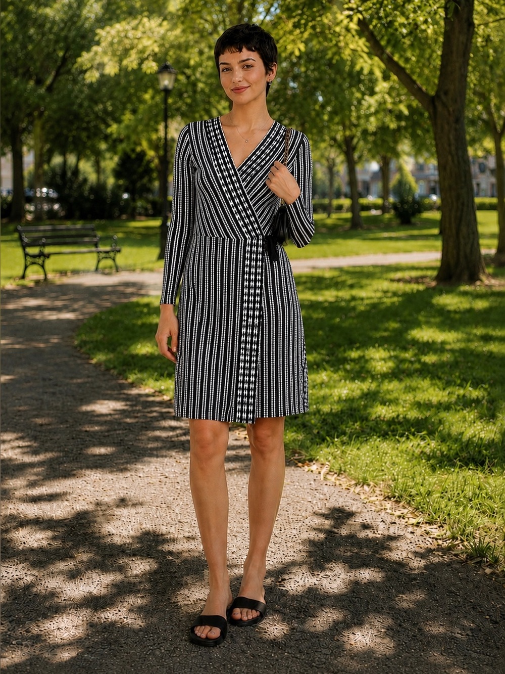 Tory Burch Wrap Dress XS Jacquard Navy White Striped Midi